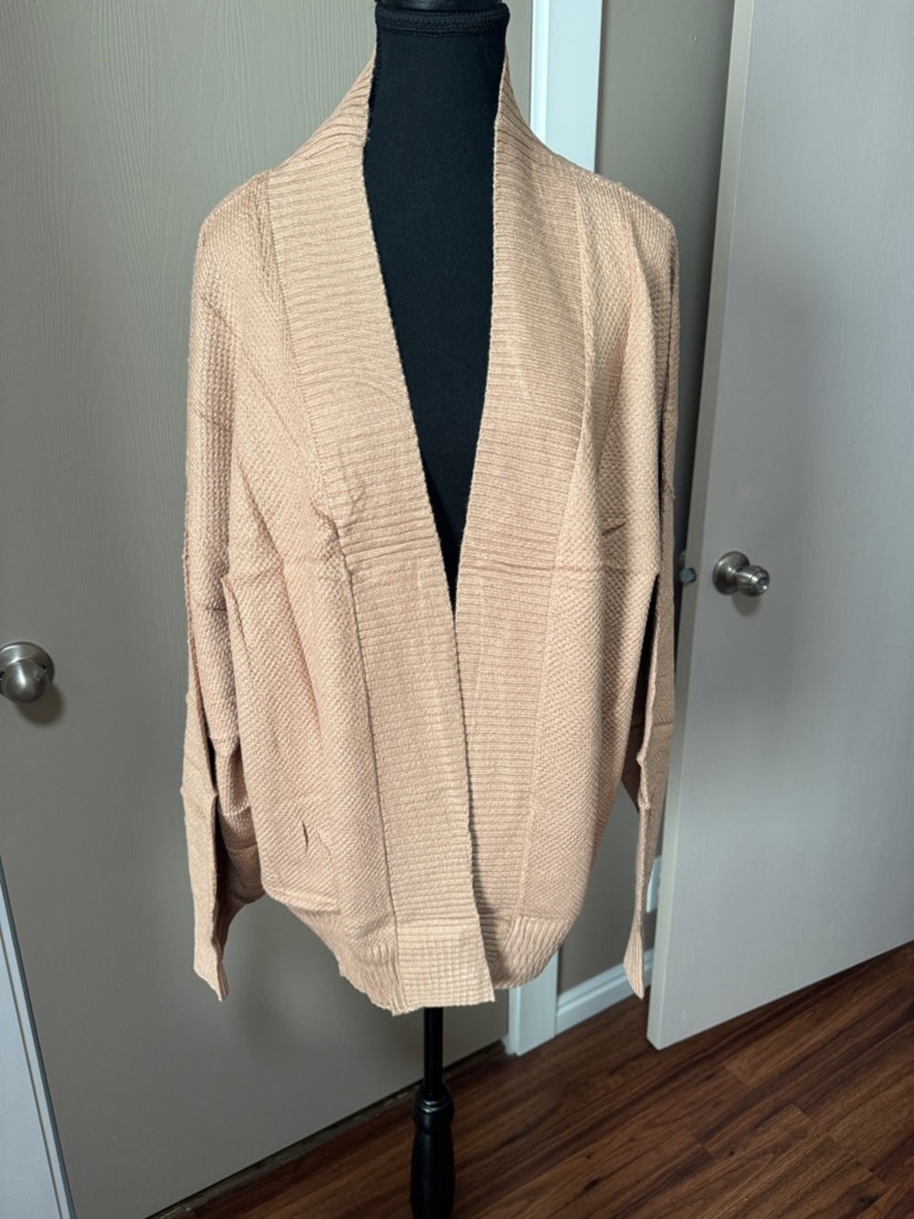 Open-Front Beige Knit Cardigan with Shawl Collar